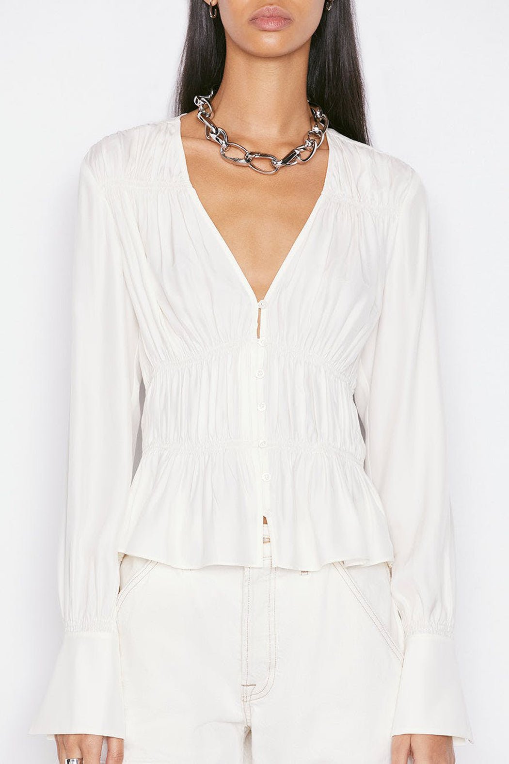 Frame - Ruched V Neck Blouse - Image 3